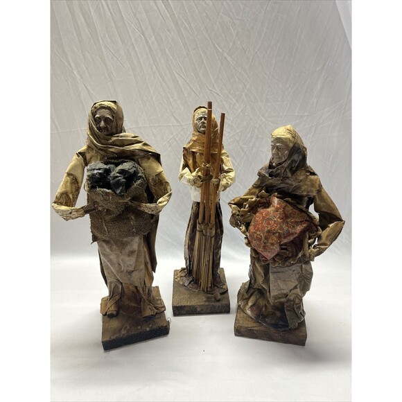 Unbranded Other - Vintage 3 Decoupage Paper Mache Man & Woman Holding Bags And Brooms 15” Tall